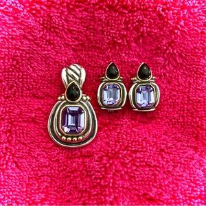 Vintage Signed JC Silver Toned Black Onyx & Amethyst Pendent & Matching Earrings